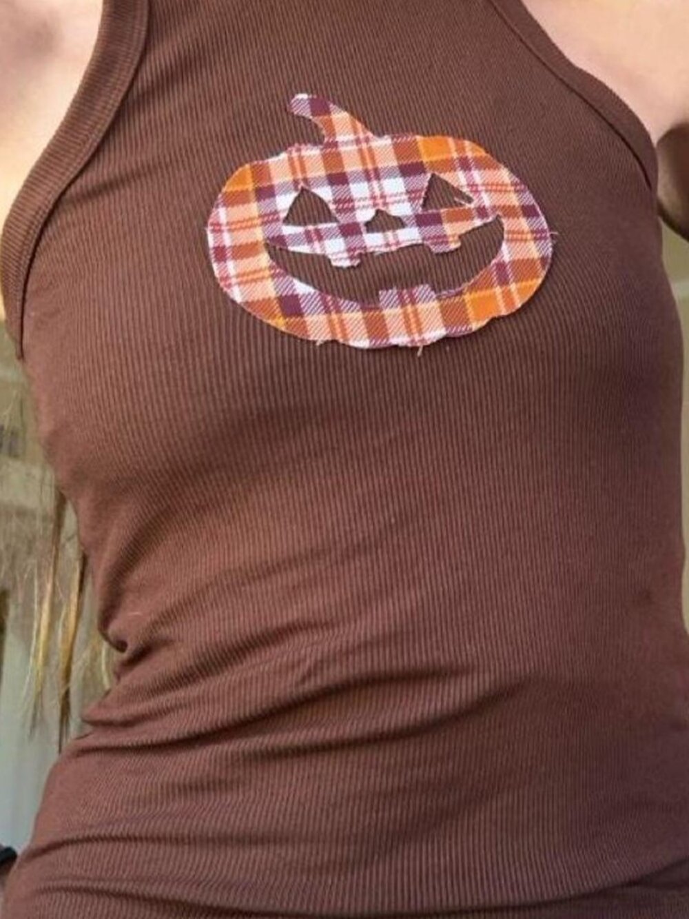 Brown Halloween pumpkin tank top with orange and white plaid pumpkin graphic